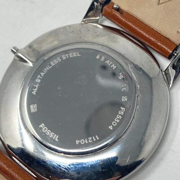 Fossil Minimalist Watch Men MISSING CROWN 44mm Silver Tone Blue Dial Leather - Picture 14 of 16